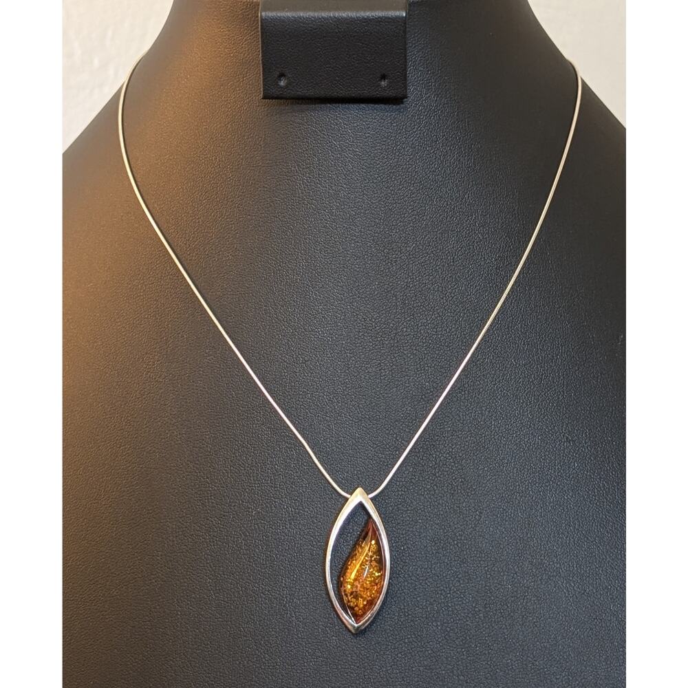 VTG Polish Gdansk Teardrop Amber 925 Sterling Pendant Snake Chain Necklace